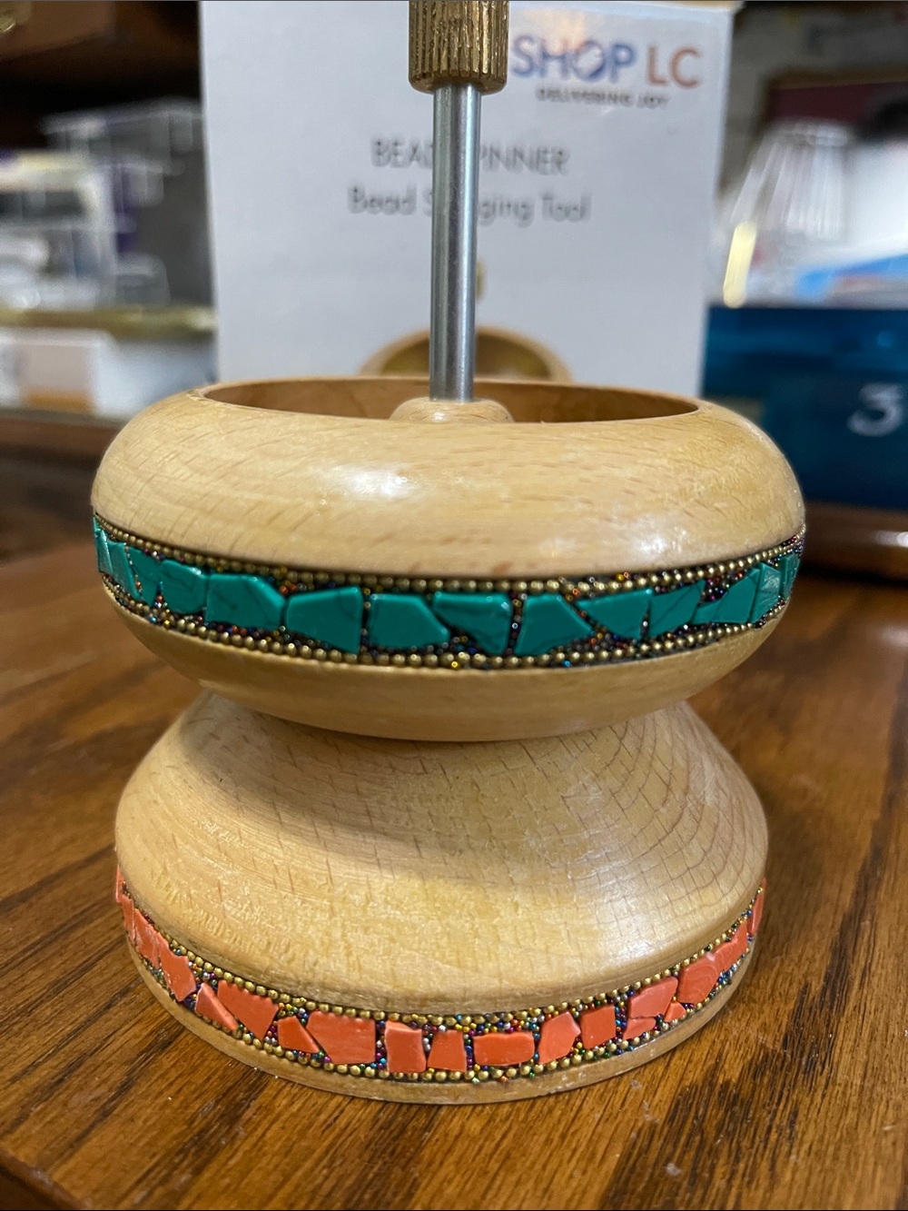 Handcrafted Wooden Bead Spinner with Turquoise and Coral Inlay